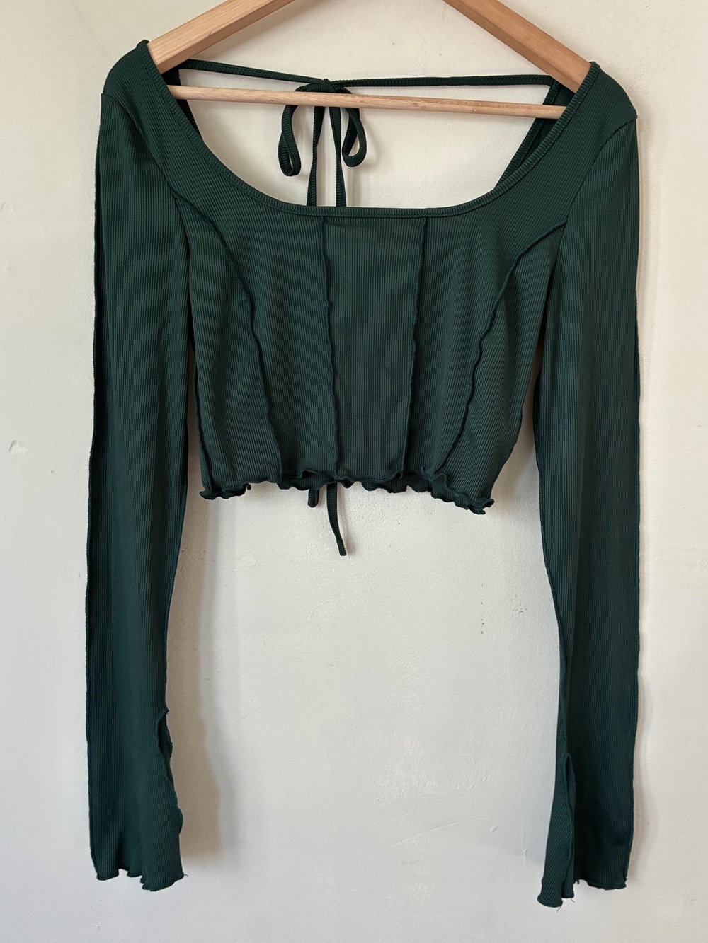 SHEIN Dark Green Ribbed Exposed Seam Tie Back Crop Top Long Sleeve Grunge M